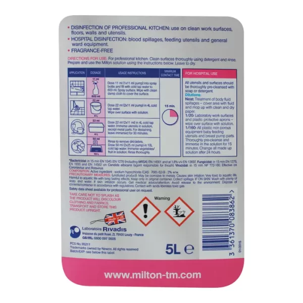 Milton Sterilising Disinfectant  – 2 x 5Lts - Image 2